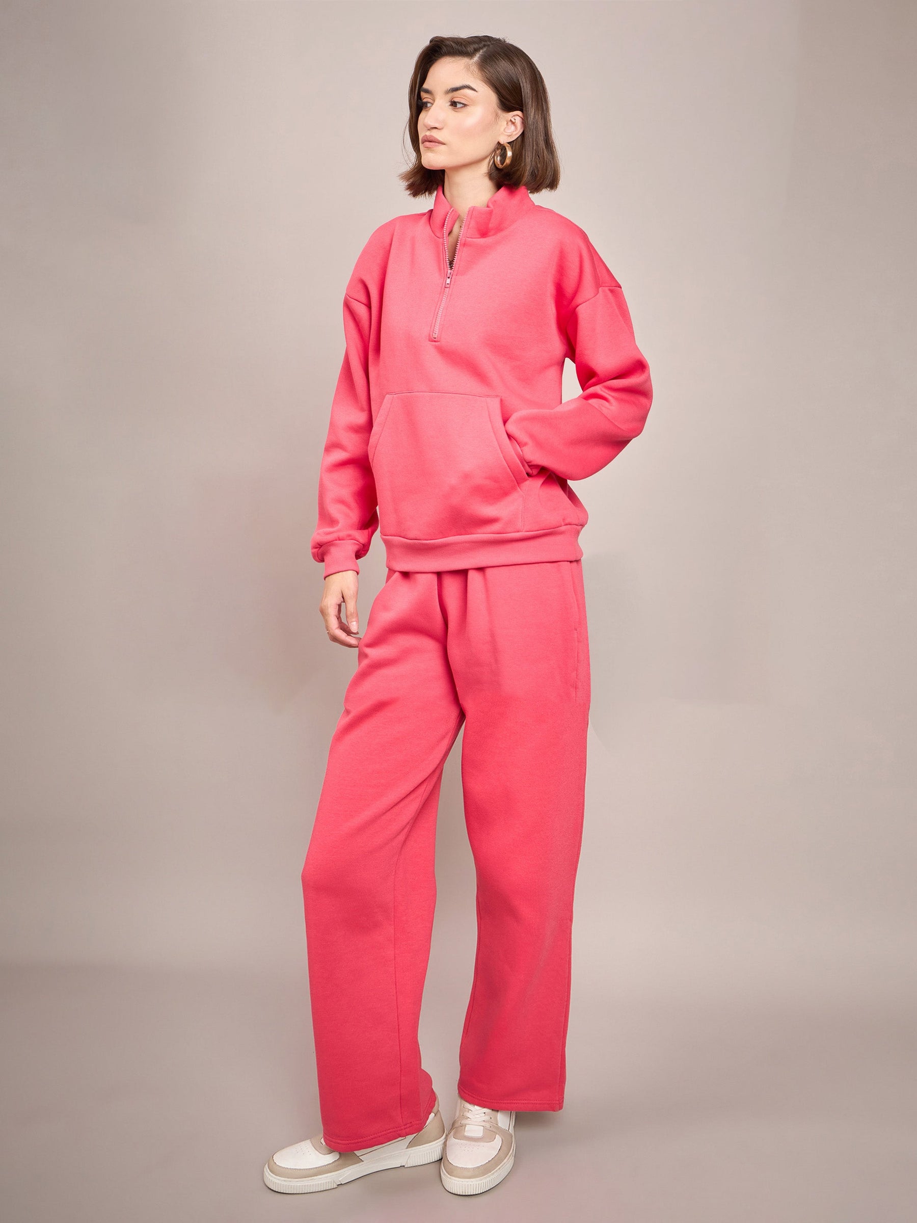 Pink Fleece Front Zipper Sweatshirt With Track Pant-SASSAFRAS