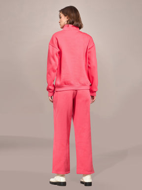 Pink Fleece Front Zipper Sweatshirt With Track Pant-SASSAFRAS