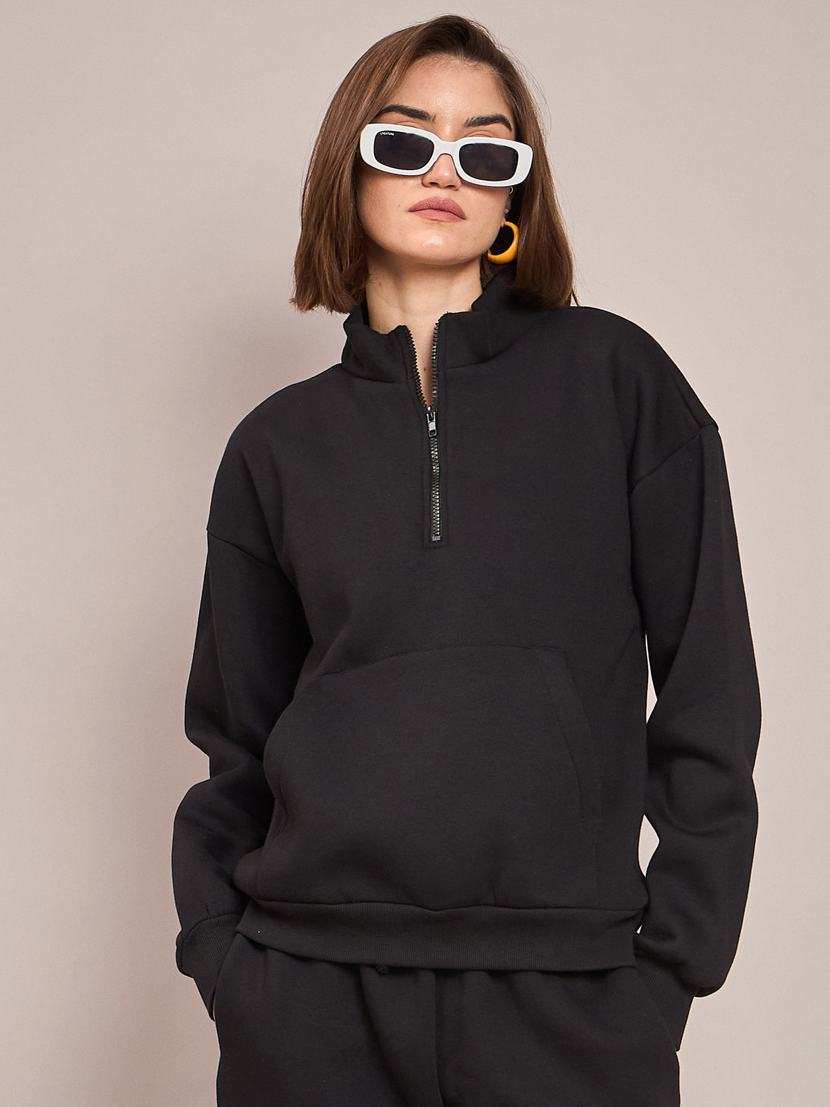 Black Fleece Front Zipper Sweatshirt-SASSAFRAS