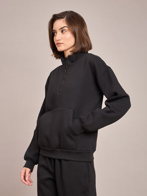 Black Fleece Front Zipper Sweatshirt-SASSAFRAS