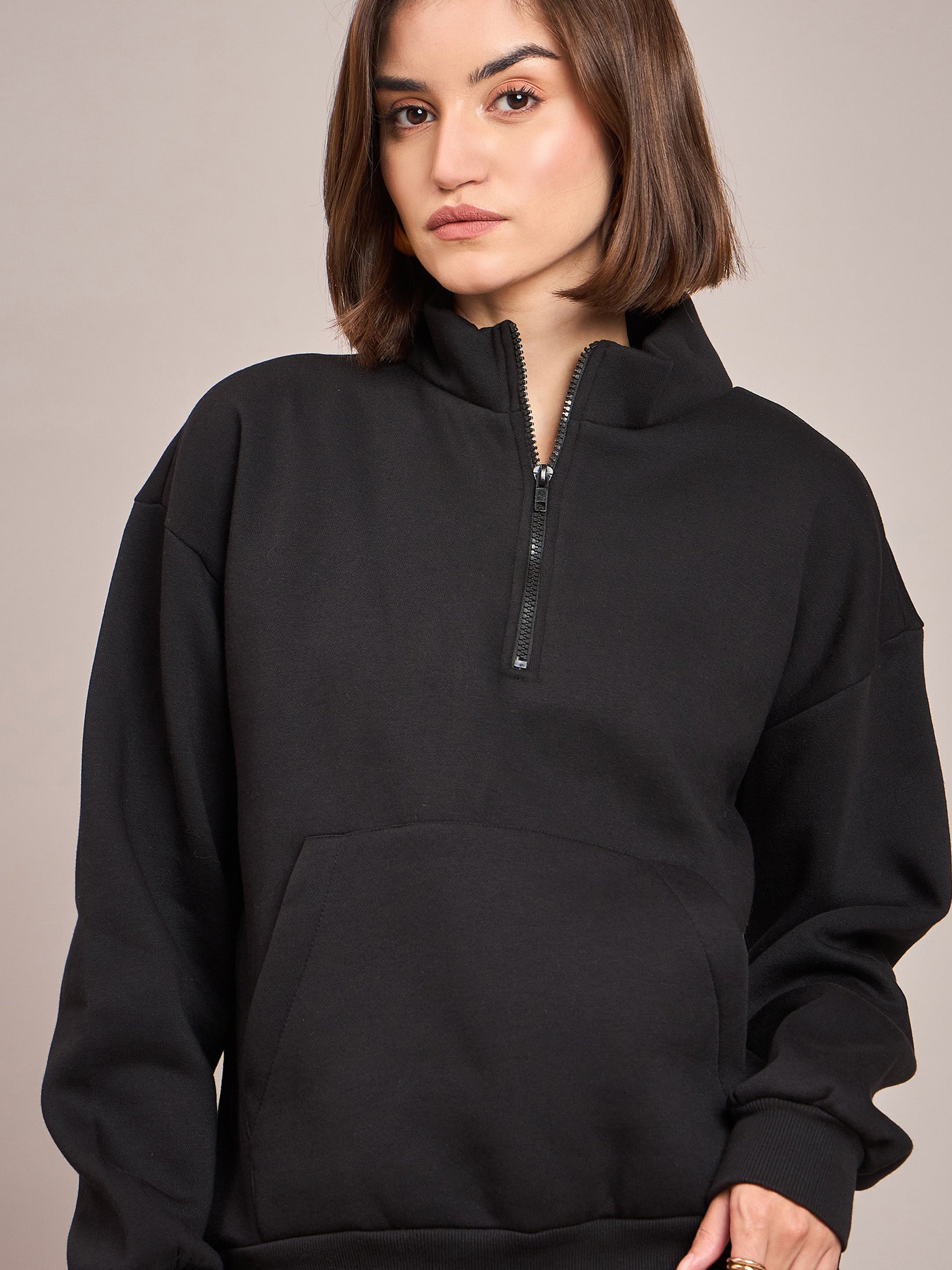 Women Black Fleece Front Zipper Sweatshirt - Main Image