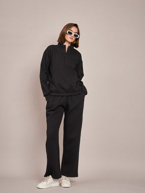 Black Fleece Front Zipper Sweatshirt-SASSAFRAS