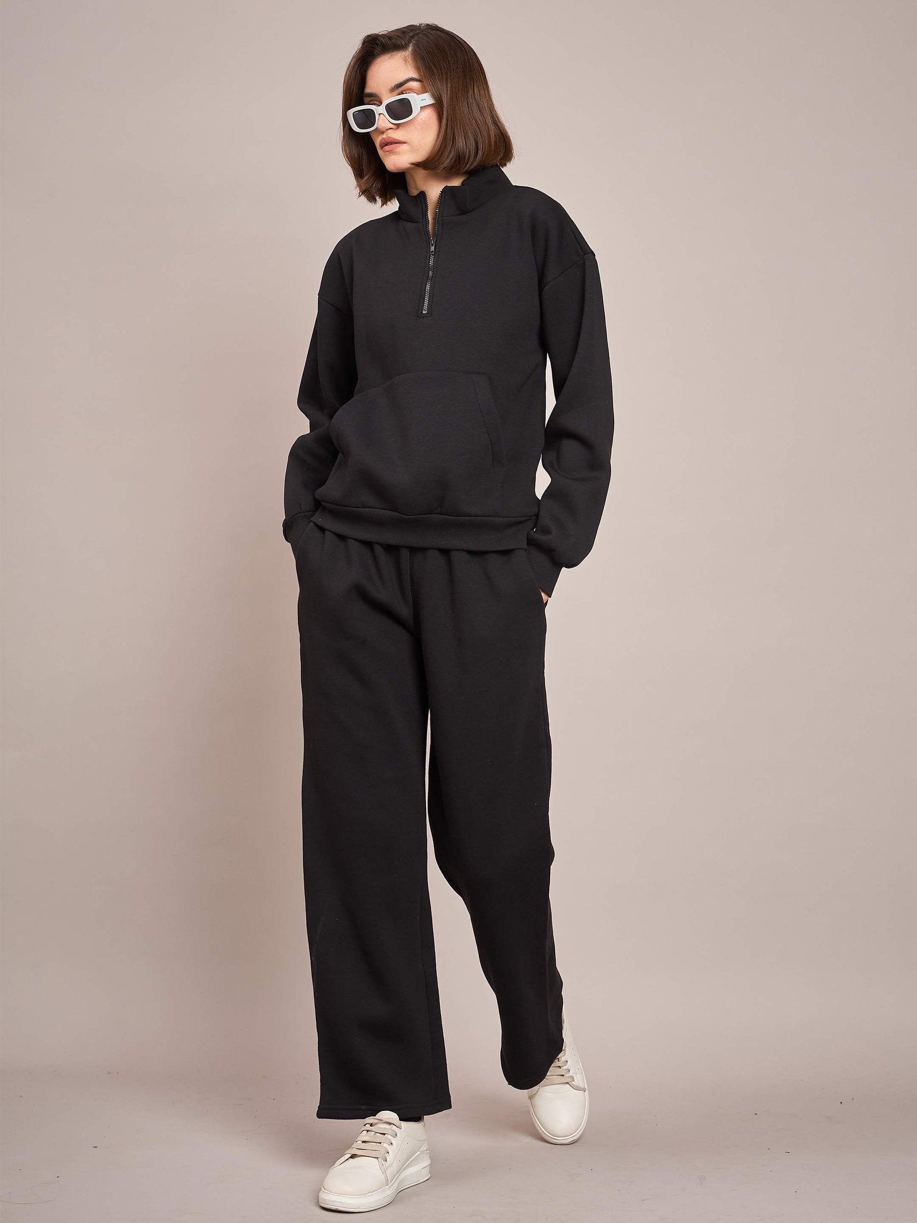 Black Fleece Front Zipper Sweatshirt With Track Pant-SASSAFRAS