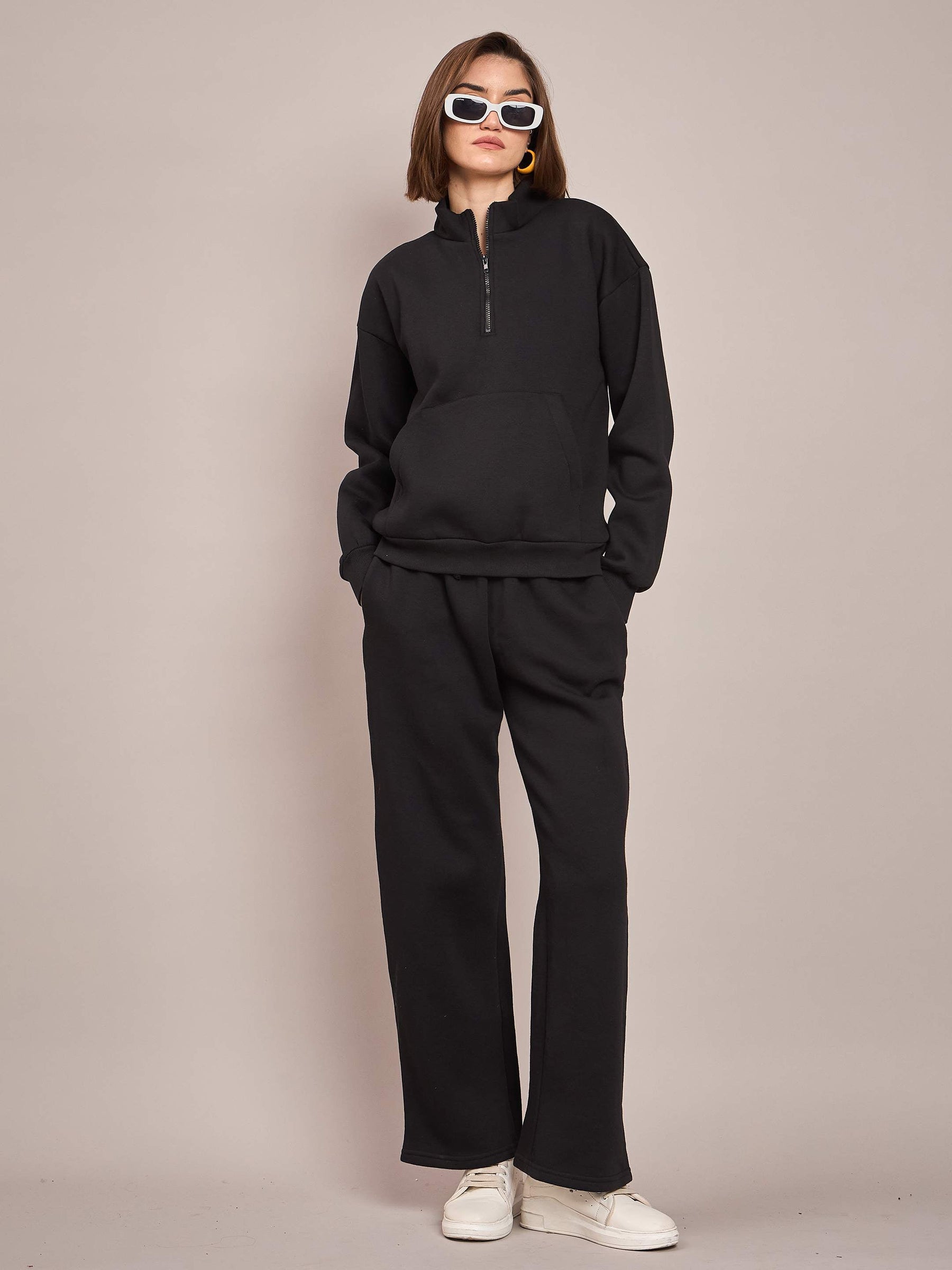 Black Fleece Front Zipper Sweatshirt With Track Pant-SASSAFRAS