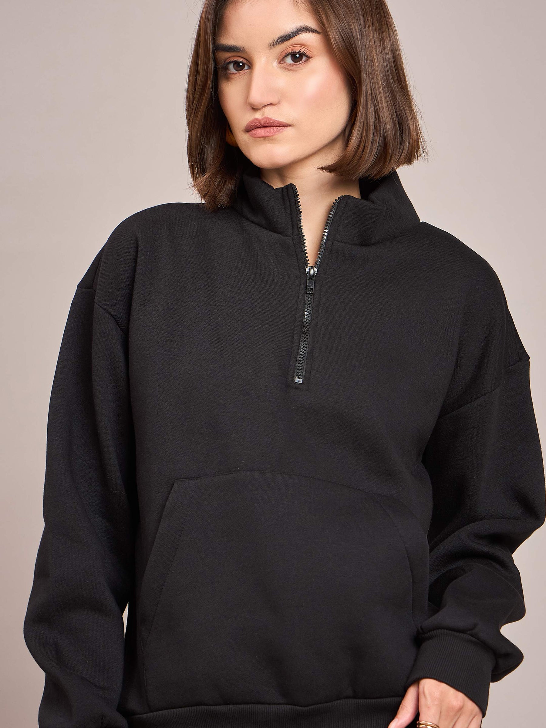 Black Fleece Front Zipper Sweatshirt With Track Pant-SASSAFRAS