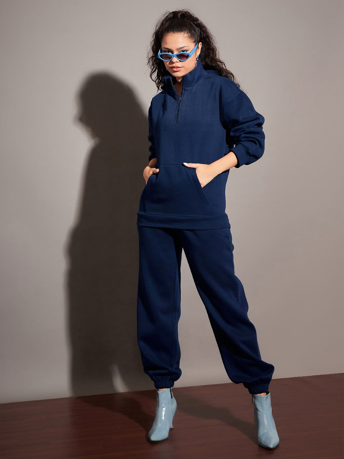 Navy Fleece Front Zipper Sweatshirt With Joggers-SASSAFRAS