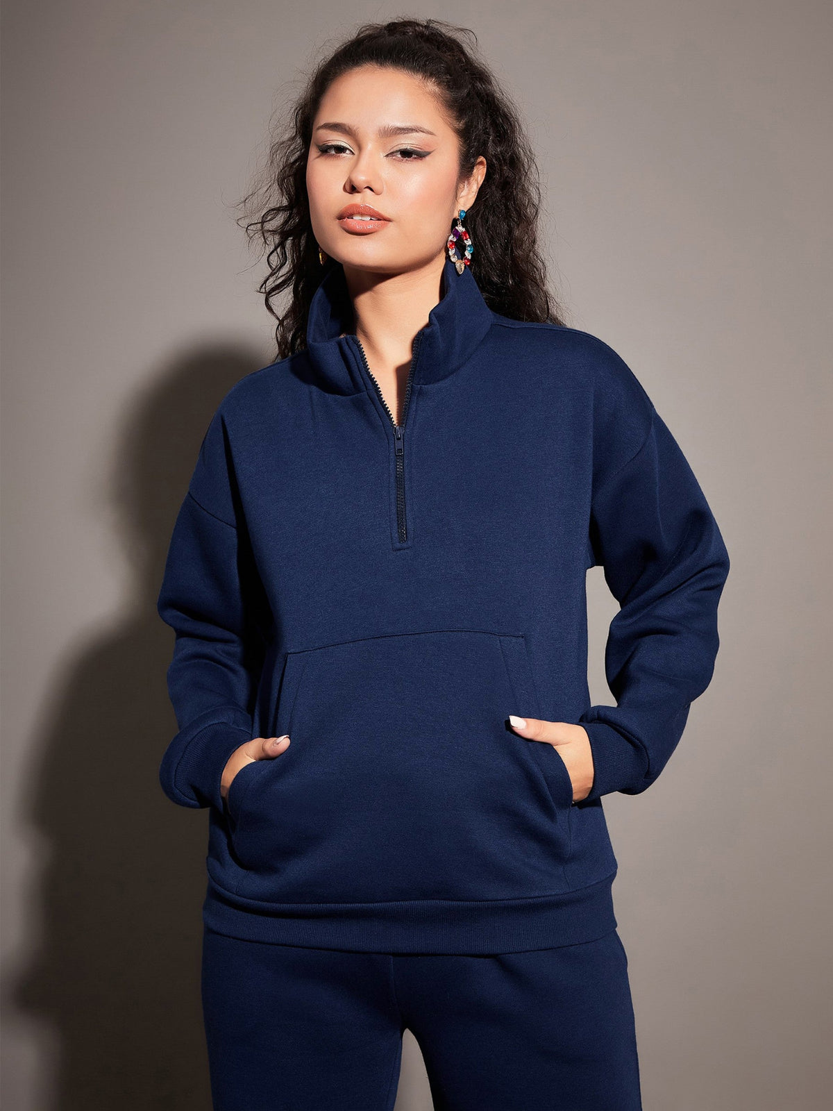 Navy Fleece Front Zipper Sweatshirt With Joggers-SASSAFRAS