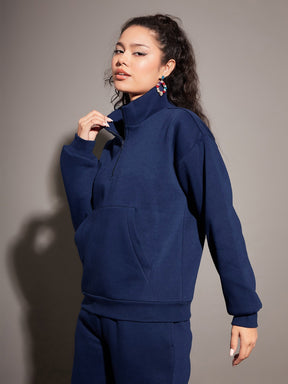 Navy Fleece Front Zipper Sweatshirt With Joggers-SASSAFRAS