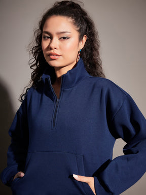 Navy Fleece Front Zipper Sweatshirt With Joggers-SASSAFRAS