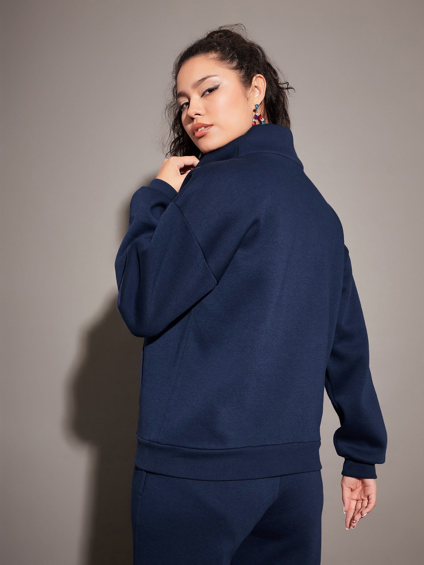 Navy Fleece Front Zipper Sweatshirt With Joggers-SASSAFRAS
