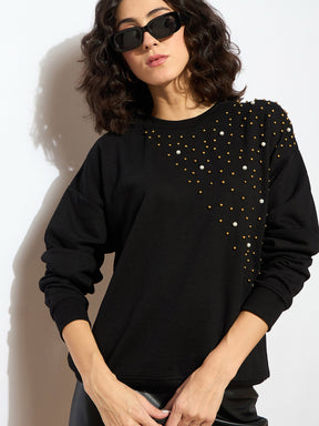 Black Terry Pearl Embellished Oversized Sweatshirt-SASSAFRAS