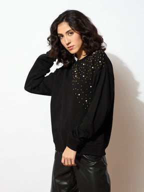 Black Terry Pearl Embellished Oversized Sweatshirt-SASSAFRAS