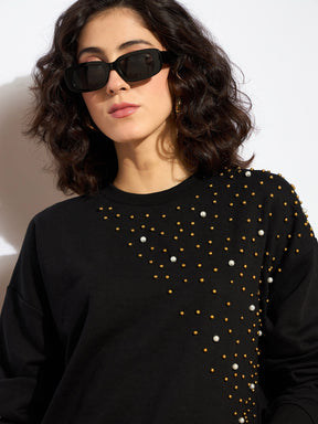 Black Terry Pearl Embellished Oversized Sweatshirt-SASSAFRAS