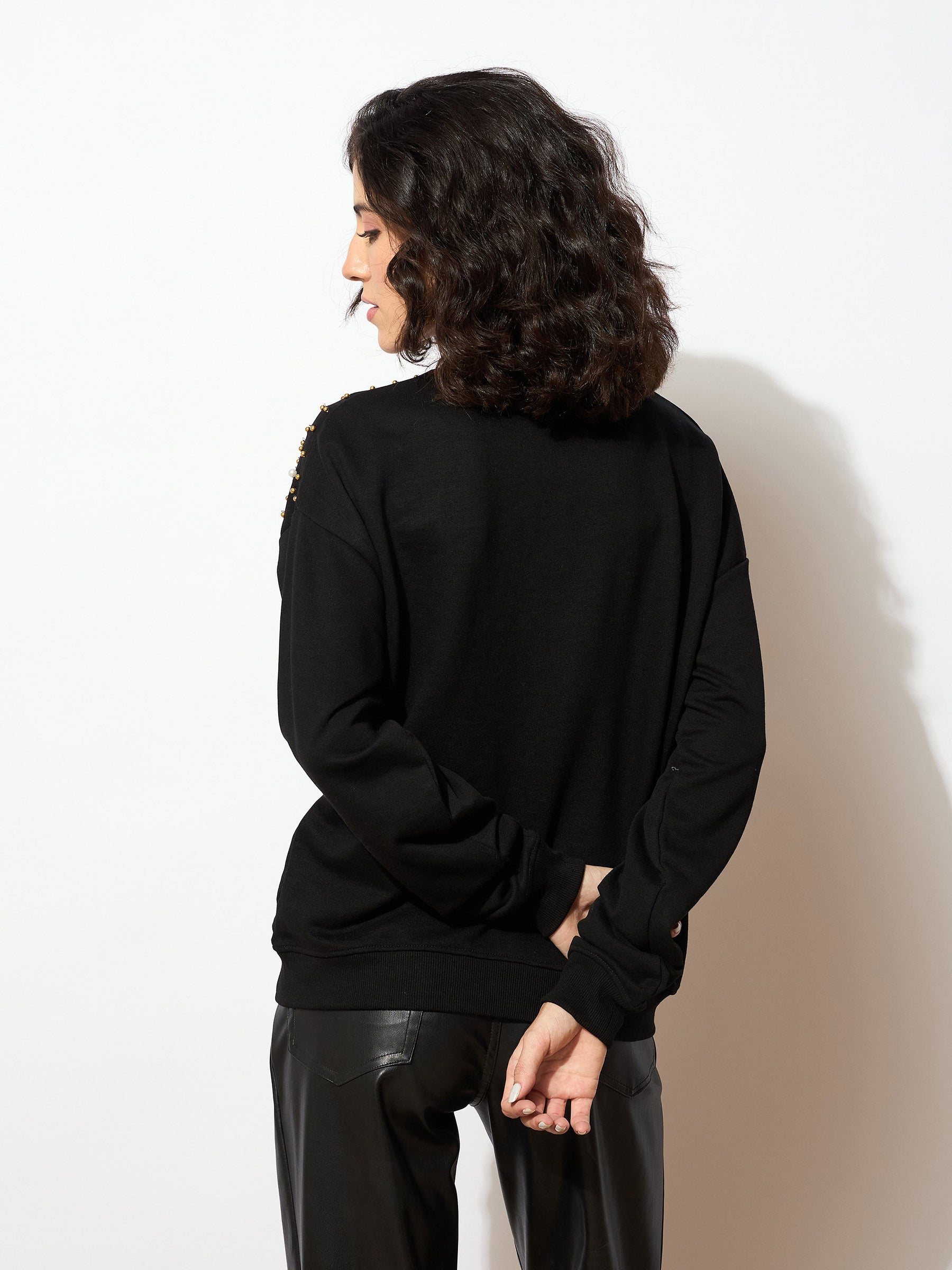 Black Terry Pearl Embellished Oversized Sweatshirt-SASSAFRAS