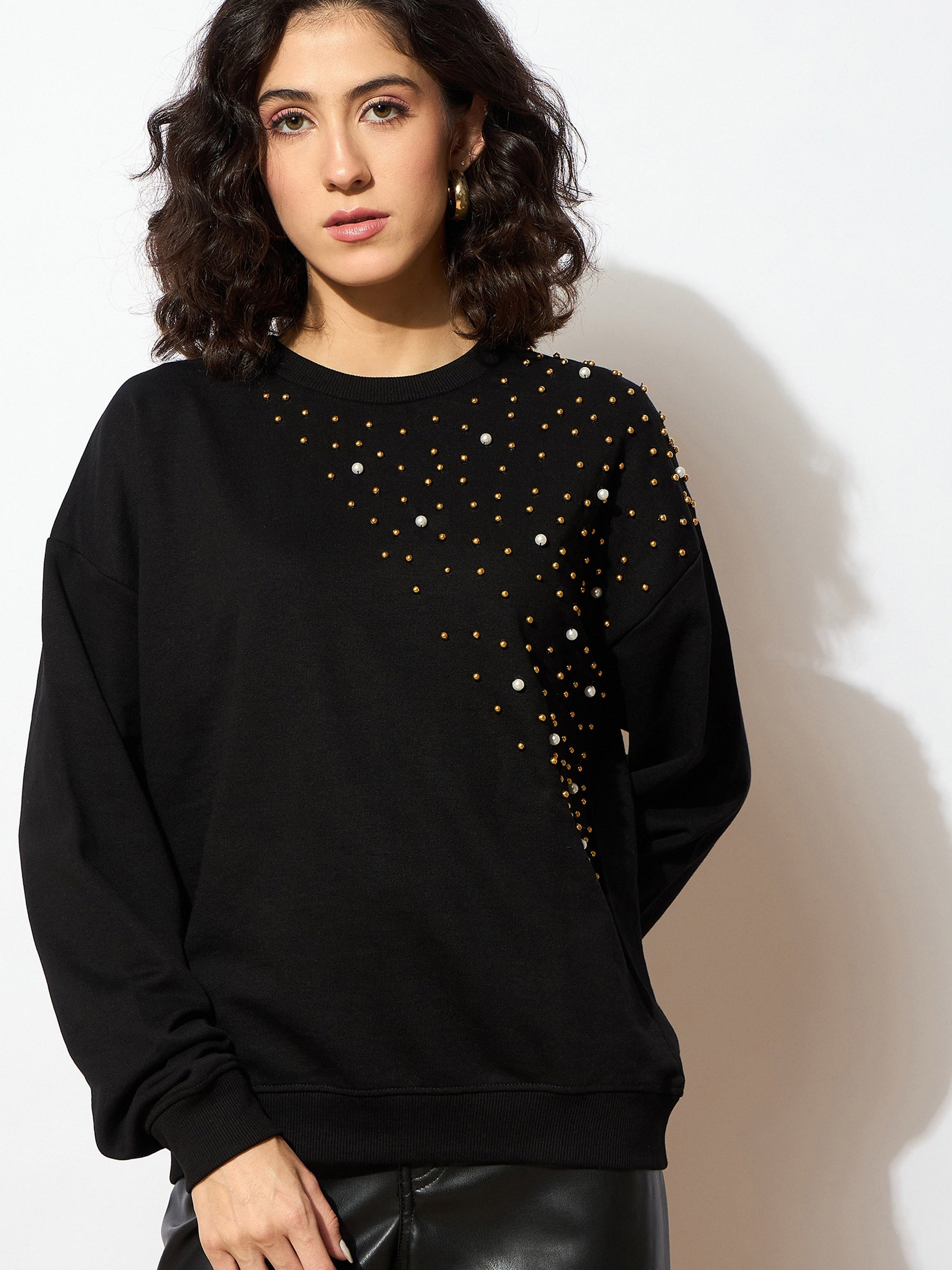 Black Terry Pearl Embellished Oversized Sweatshirt-SASSAFRAS