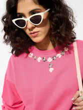 Pink Terry Neck Sequin Embellished Oversized Sweatshirt-SASSAFRAS