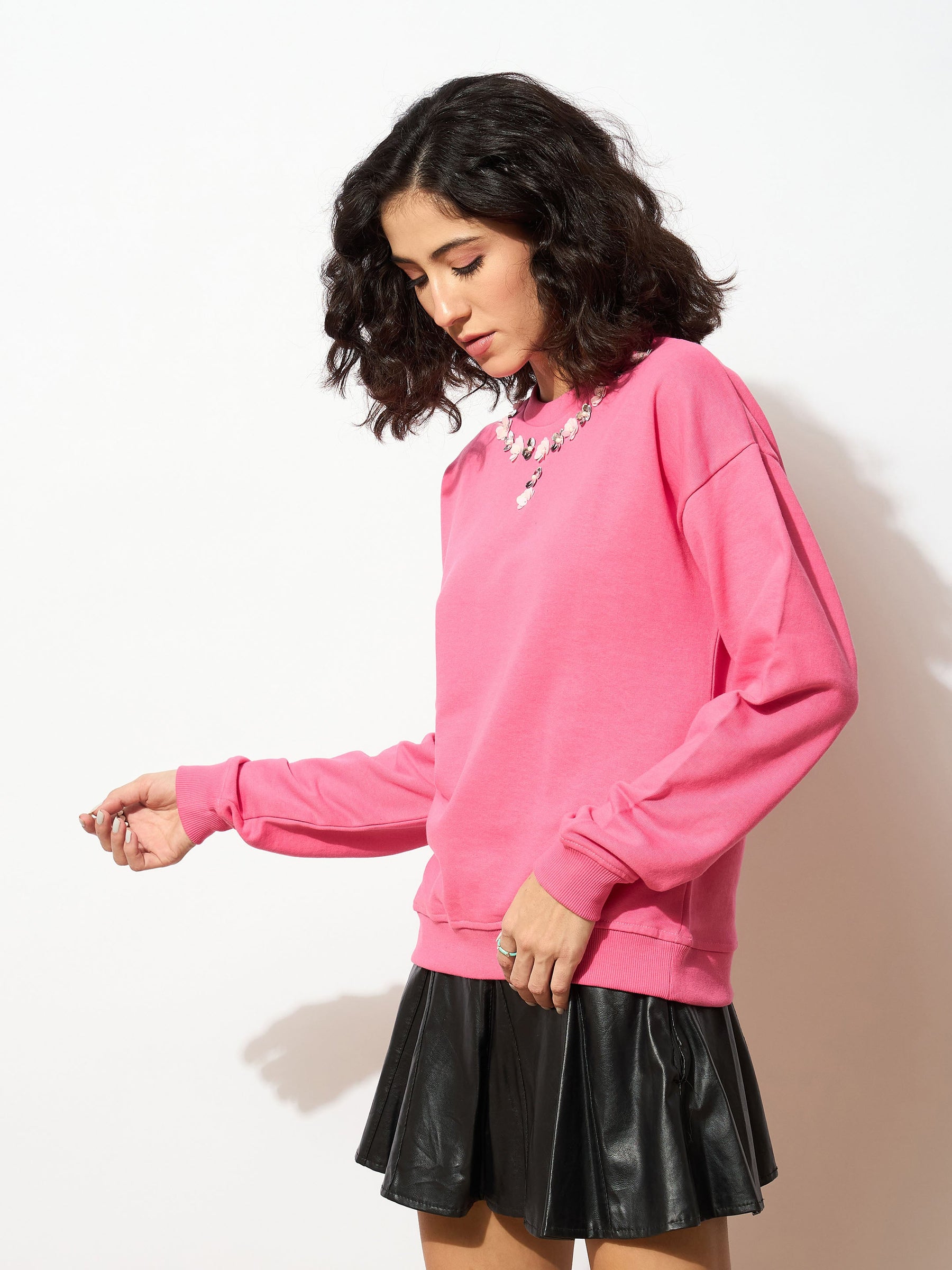 Pink Terry Neck Sequin Embellished Oversized Sweatshirt-SASSAFRAS