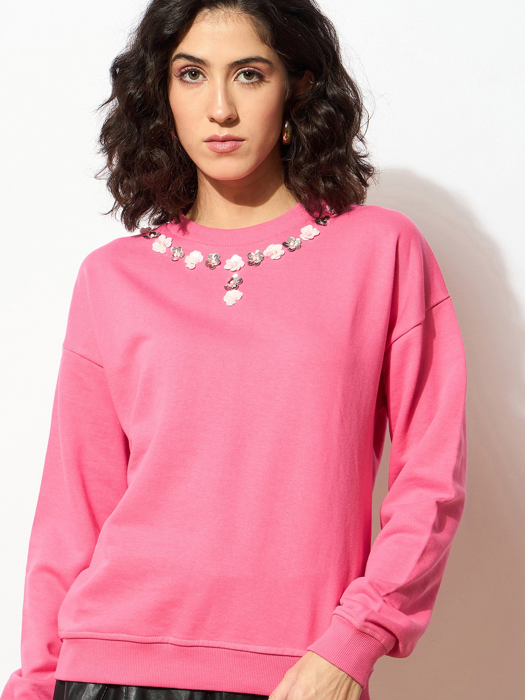 Pink Terry Neck Sequin Embellished Oversized Sweatshirt-SASSAFRAS