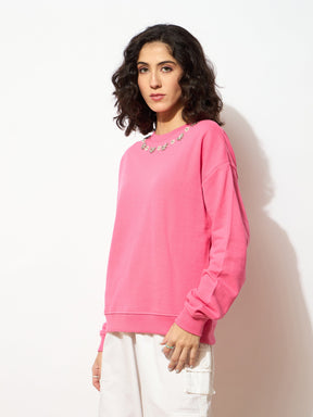 Pink Terry Stud Pearl Oversized Sweatshirt-SASSAFRAS