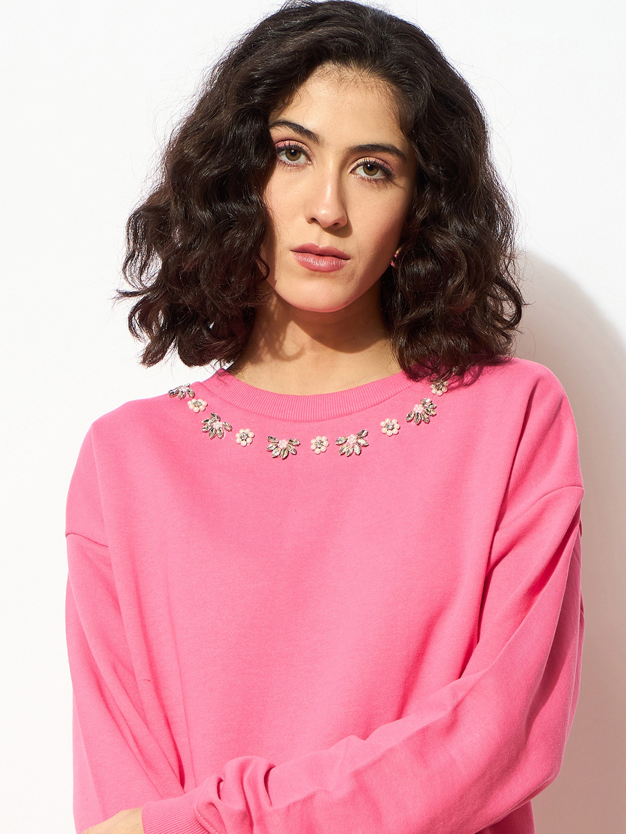 Pink Terry Stud Pearl Oversized Sweatshirt-SASSAFRAS