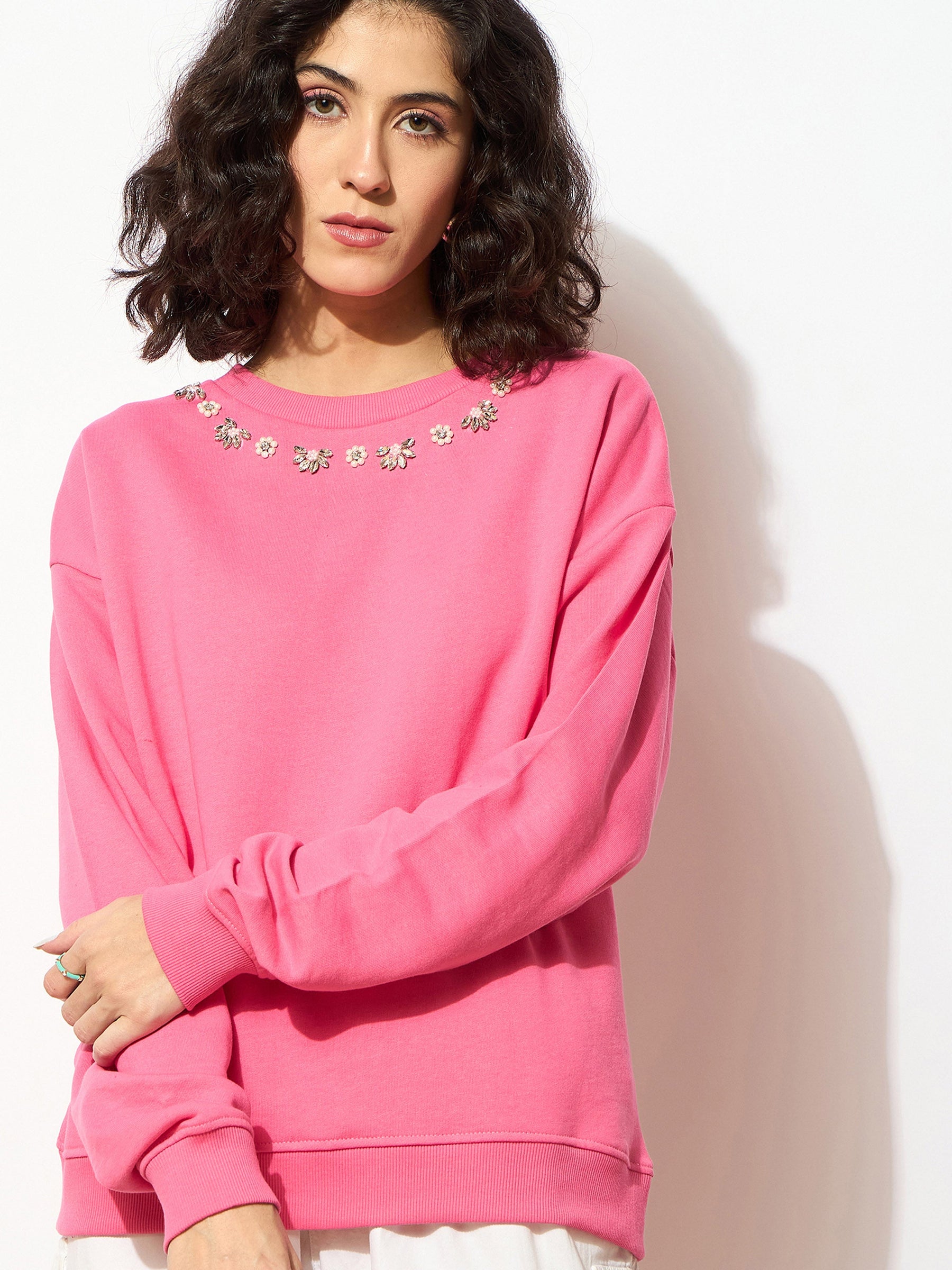 Pink Terry Stud Pearl Oversized Sweatshirt-SASSAFRAS