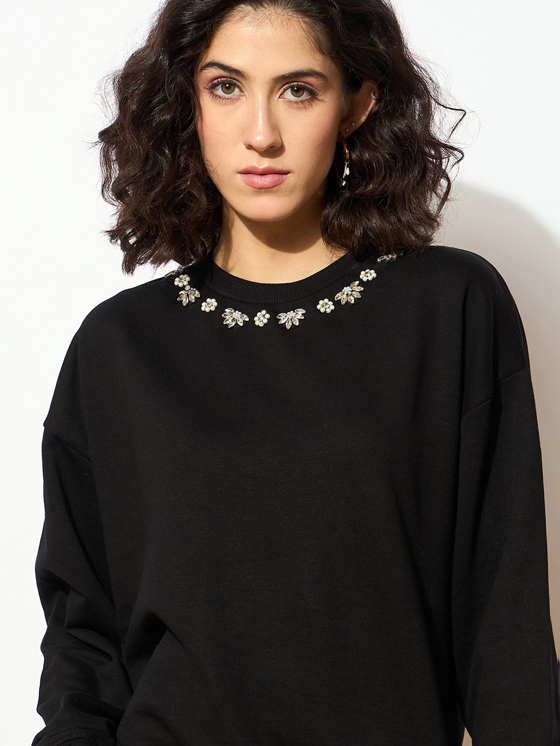 Black Terry Stud Pearl Oversized Sweatshirt-SASSAFRAS