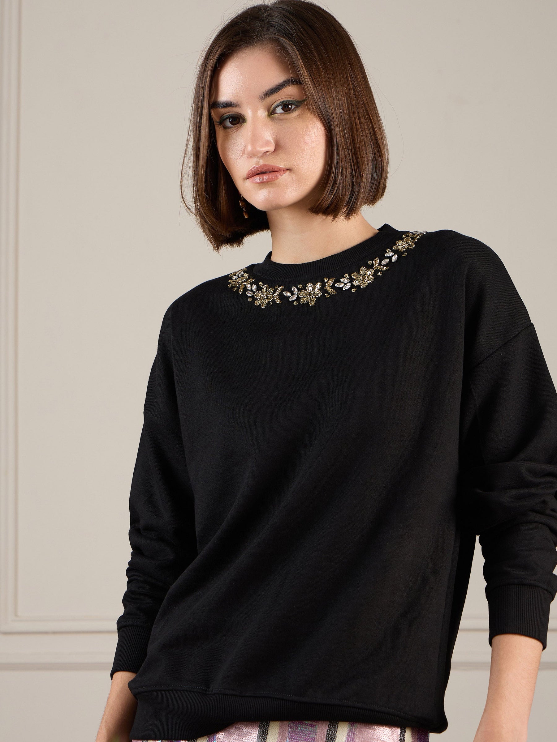 Black Terry Neck Embroidered Oversized Sweatshirt-SASSAFRAS