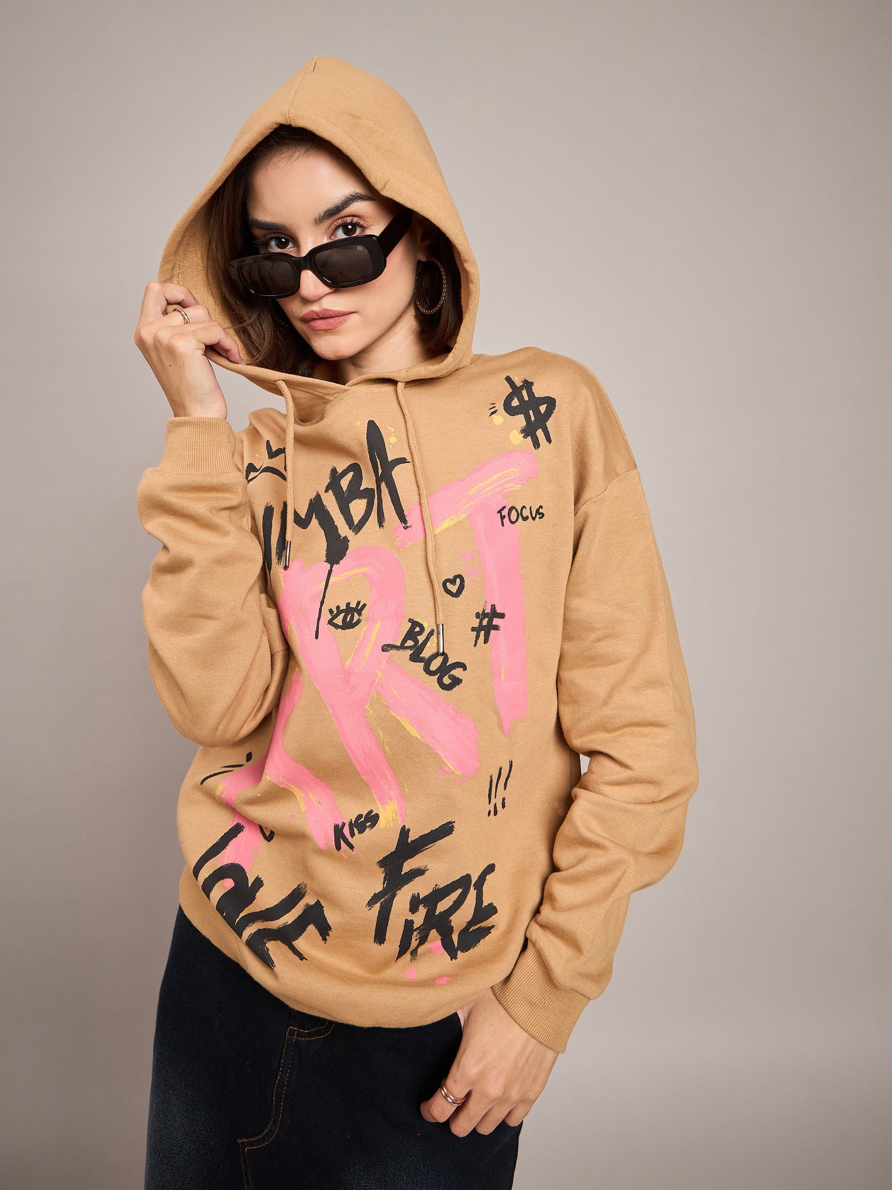 Beige ART Printed Hoodie-SASSAFRAS