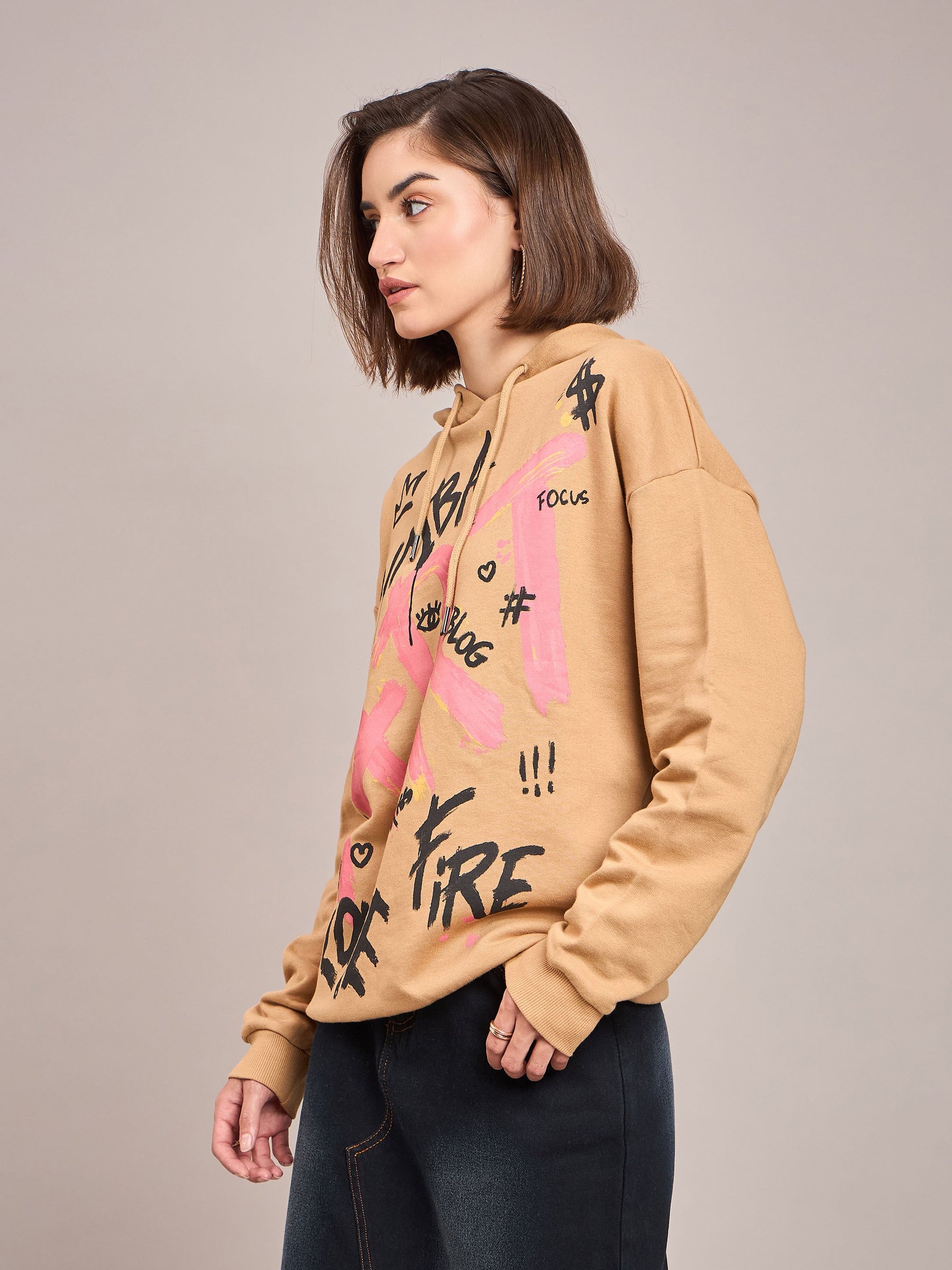 Beige ART Printed Hoodie-SASSAFRAS