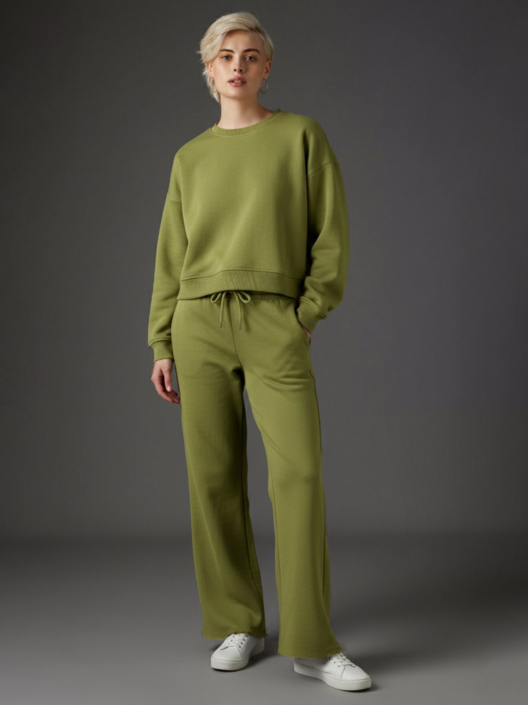Olive Premium Fleece Sweatshirt With Track Pants-SASSAFRAS