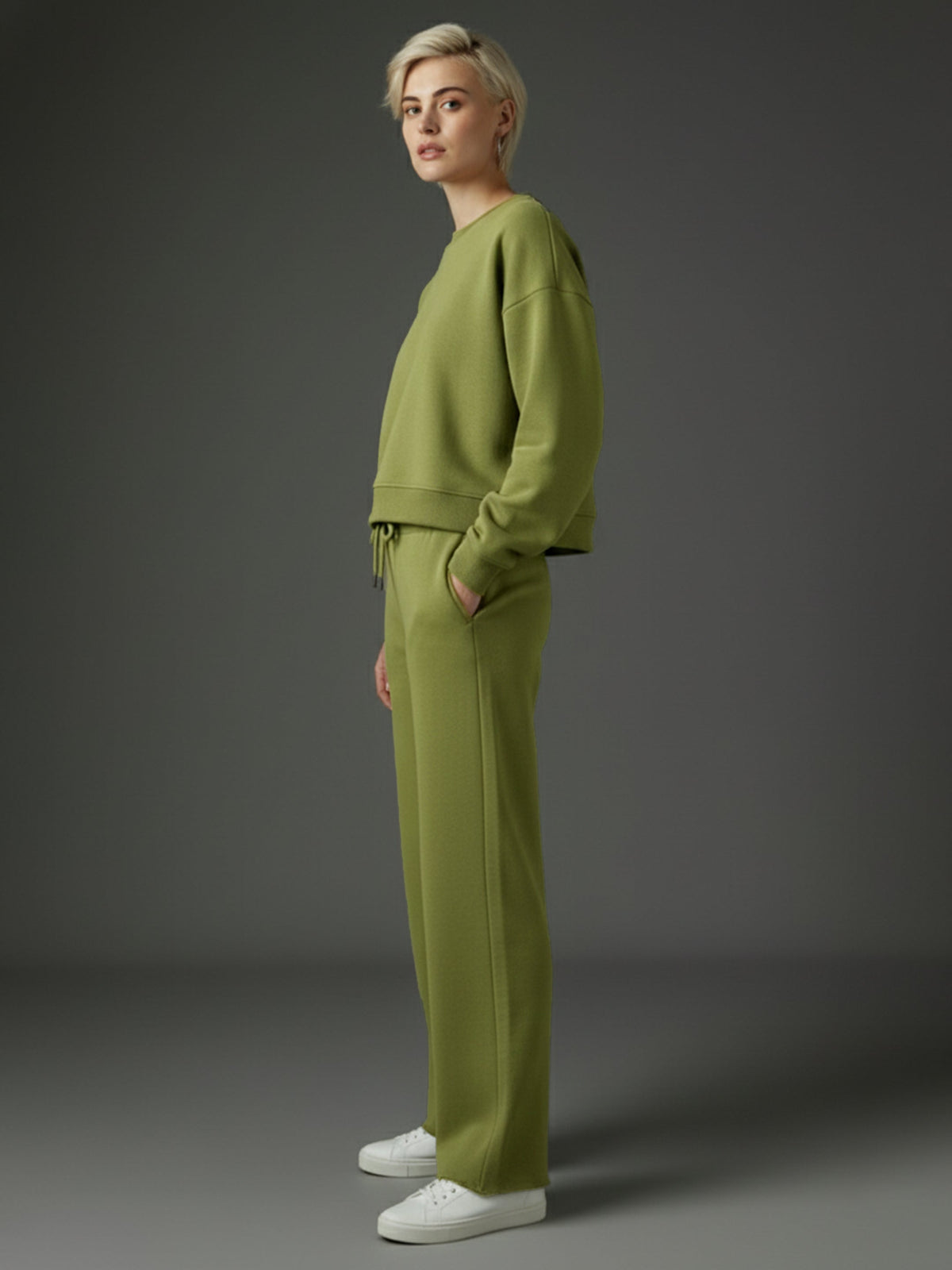 Olive Premium Fleece Sweatshirt With Track Pants-SASSAFRAS