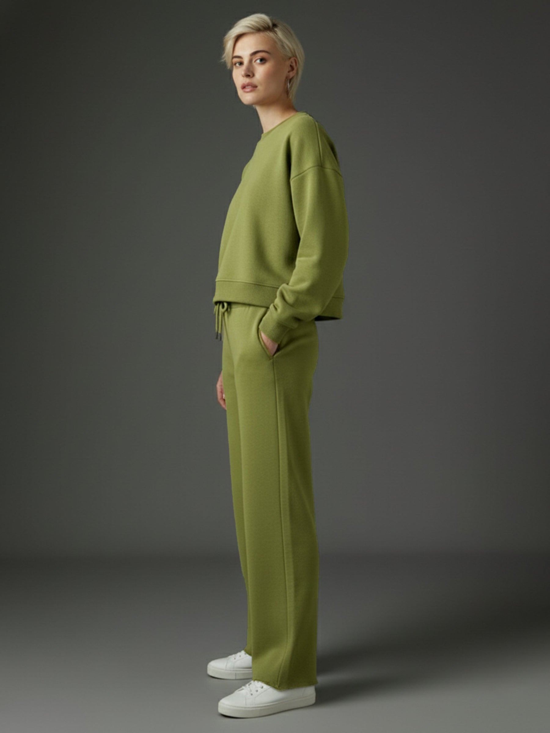 Olive Premium Fleece Sweatshirt With Track Pants-SASSAFRAS