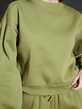 Olive Premium Fleece Sweatshirt With Track Pants-SASSAFRAS