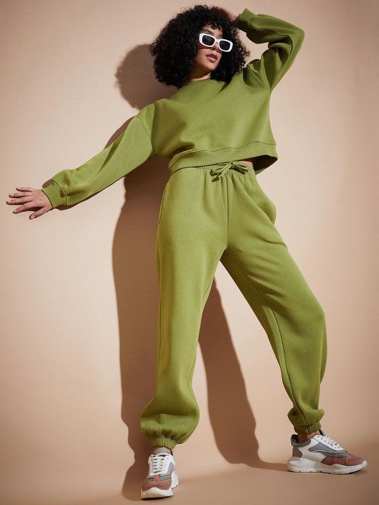 Olive Premium Fleece Oversized Sweatshirt With Joggers-SASSAFRAS