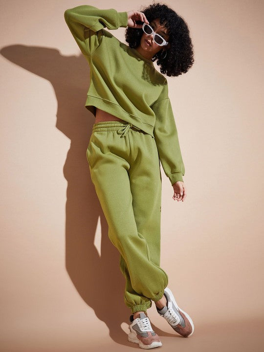 Olive Premium Fleece Oversized Sweatshirt With Joggers-SASSAFRAS