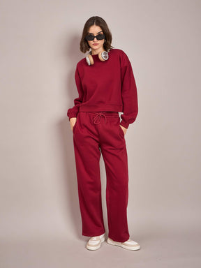 Maroon Premium Fleece Oversized Sweatshirt With Track Pant-SASSAFRAS