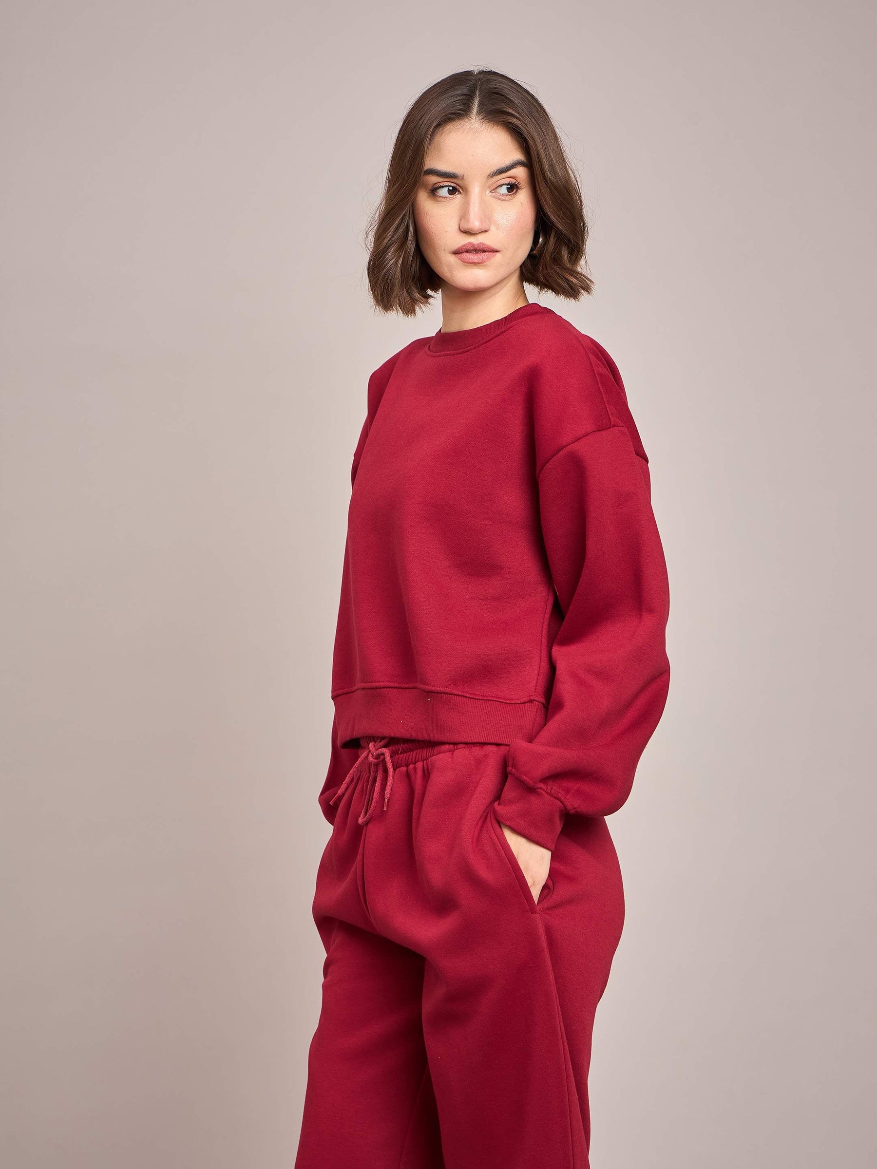 Maroon Premium Fleece Oversized Sweatshirt With Track Pant-SASSAFRAS