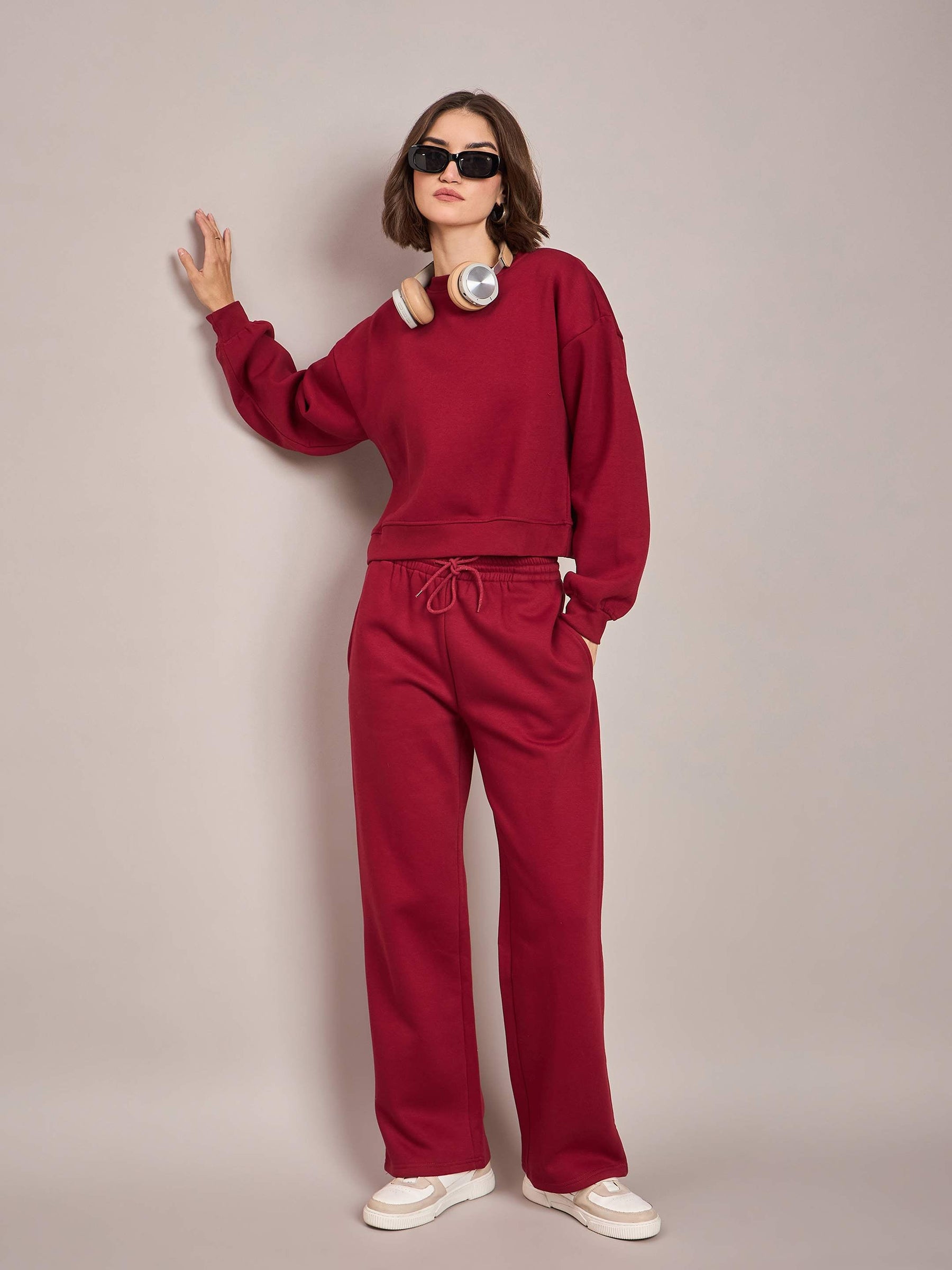 Maroon Premium Fleece Oversized Sweatshirt With Track Pant-SASSAFRAS