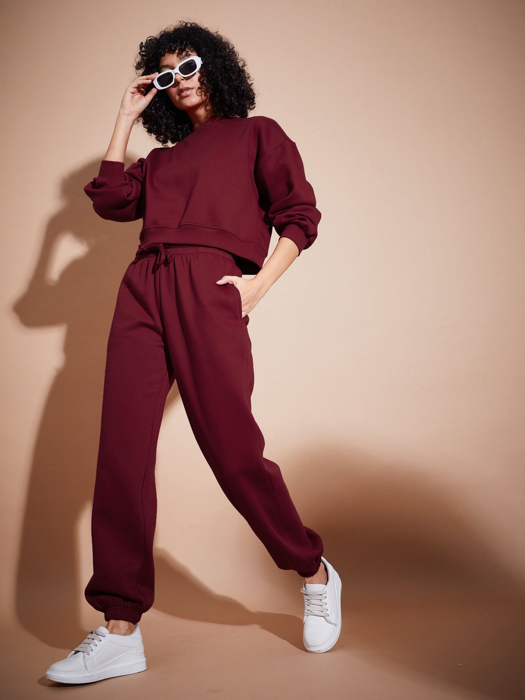 Maroon Premium Fleece Oversized Sweatshirt With Joggers-SASSAFRAS