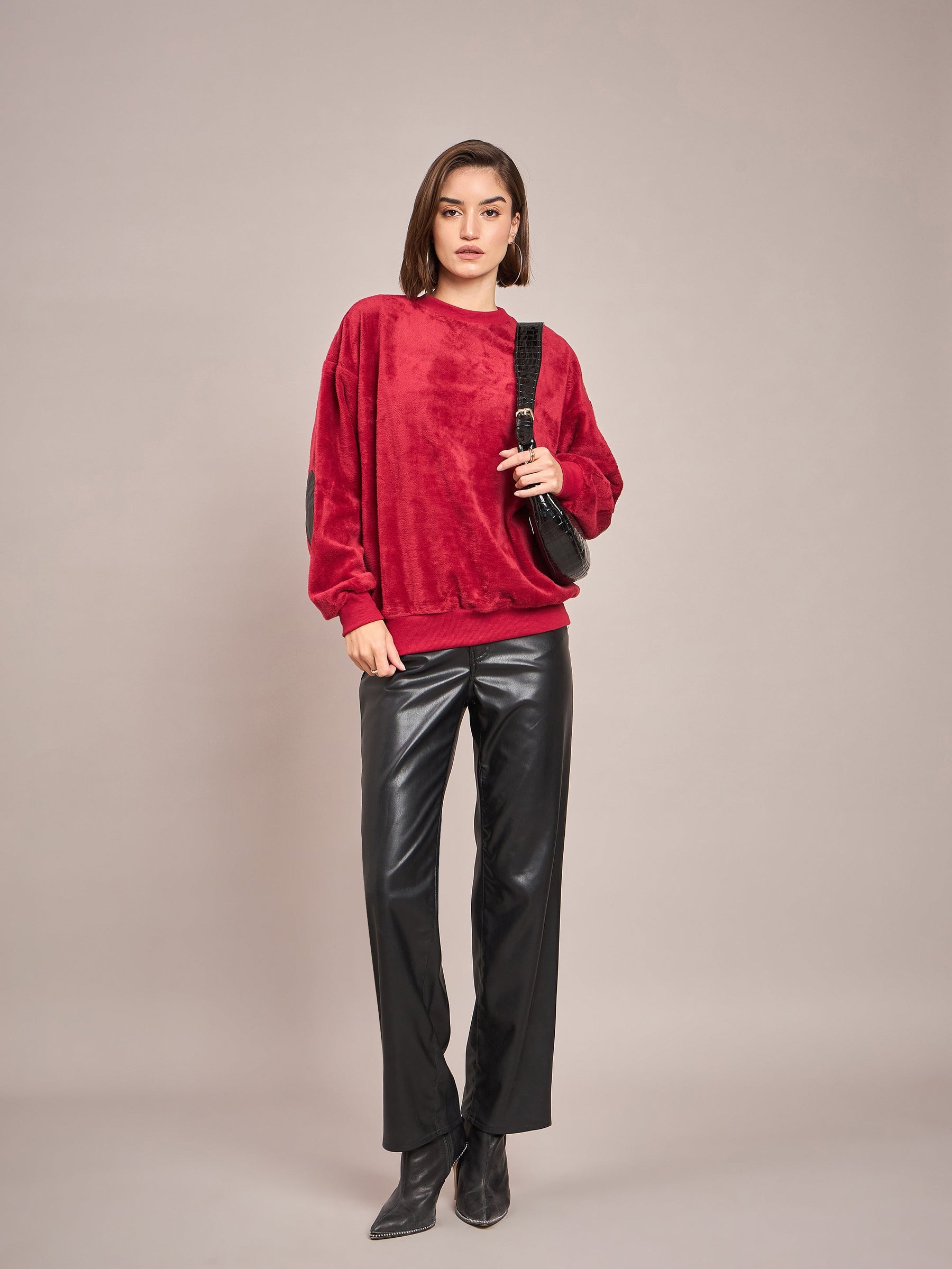 Maroon Elbow Patch Fur Round Neck Sweatshirt-SASSAFRAS