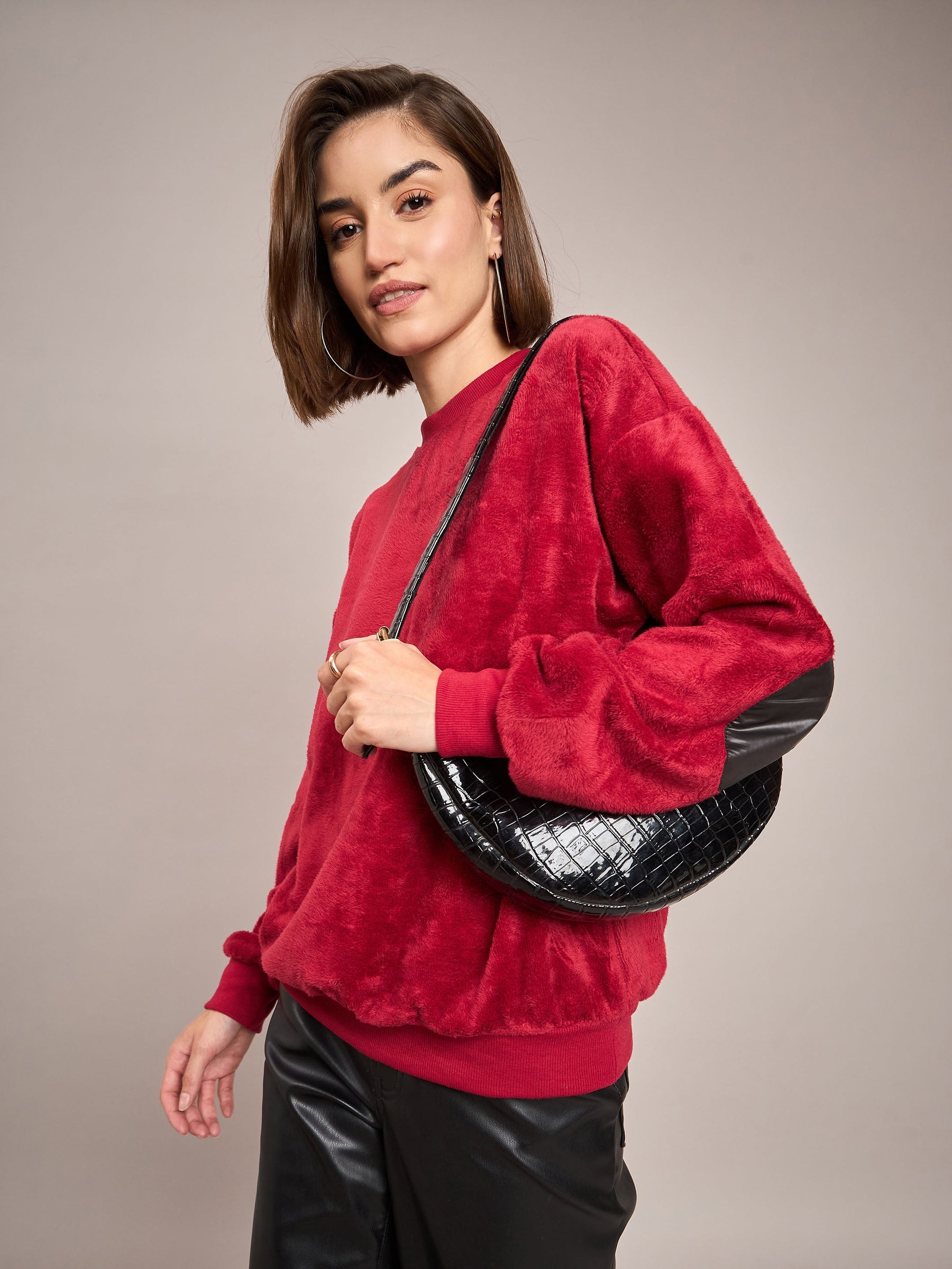 Maroon Elbow Patch Fur Round Neck Sweatshirt-SASSAFRAS