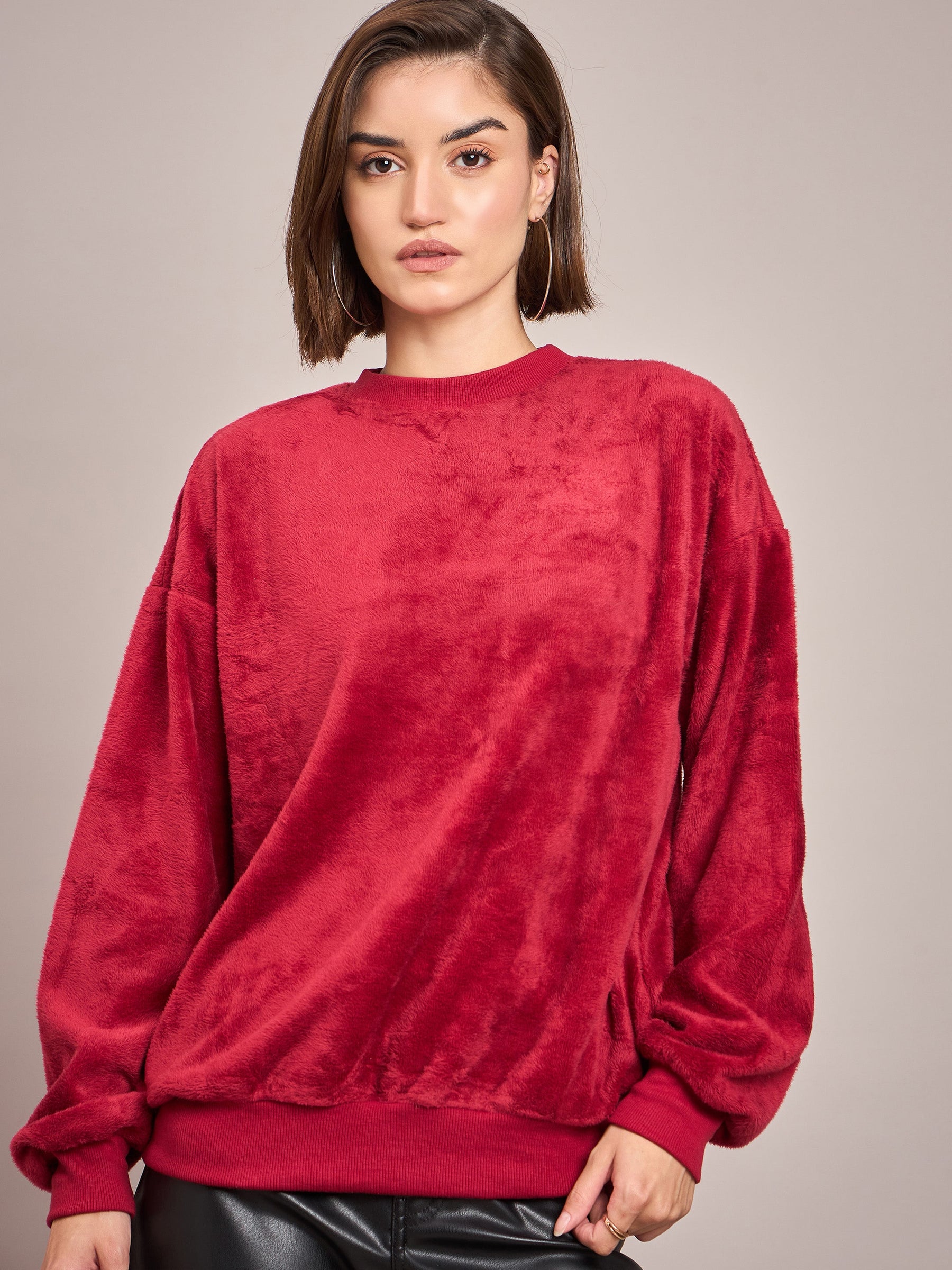 Maroon Elbow Patch Fur Round Neck Sweatshirt-SASSAFRAS