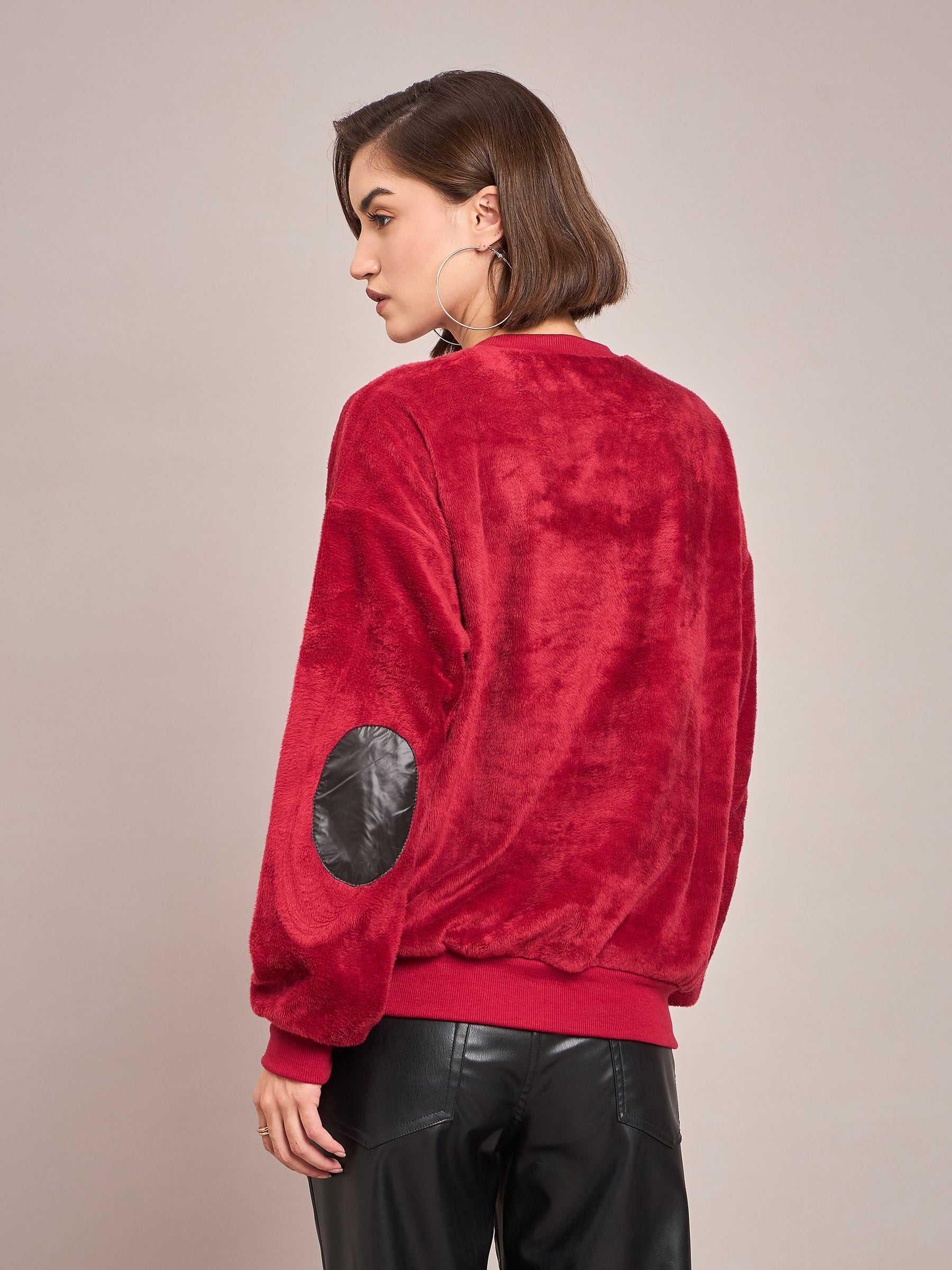 Maroon Elbow Patch Fur Round Neck Sweatshirt-SASSAFRAS