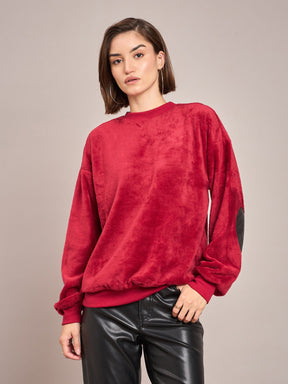 Maroon Elbow Patch Fur Round Neck Sweatshirt-SASSAFRAS