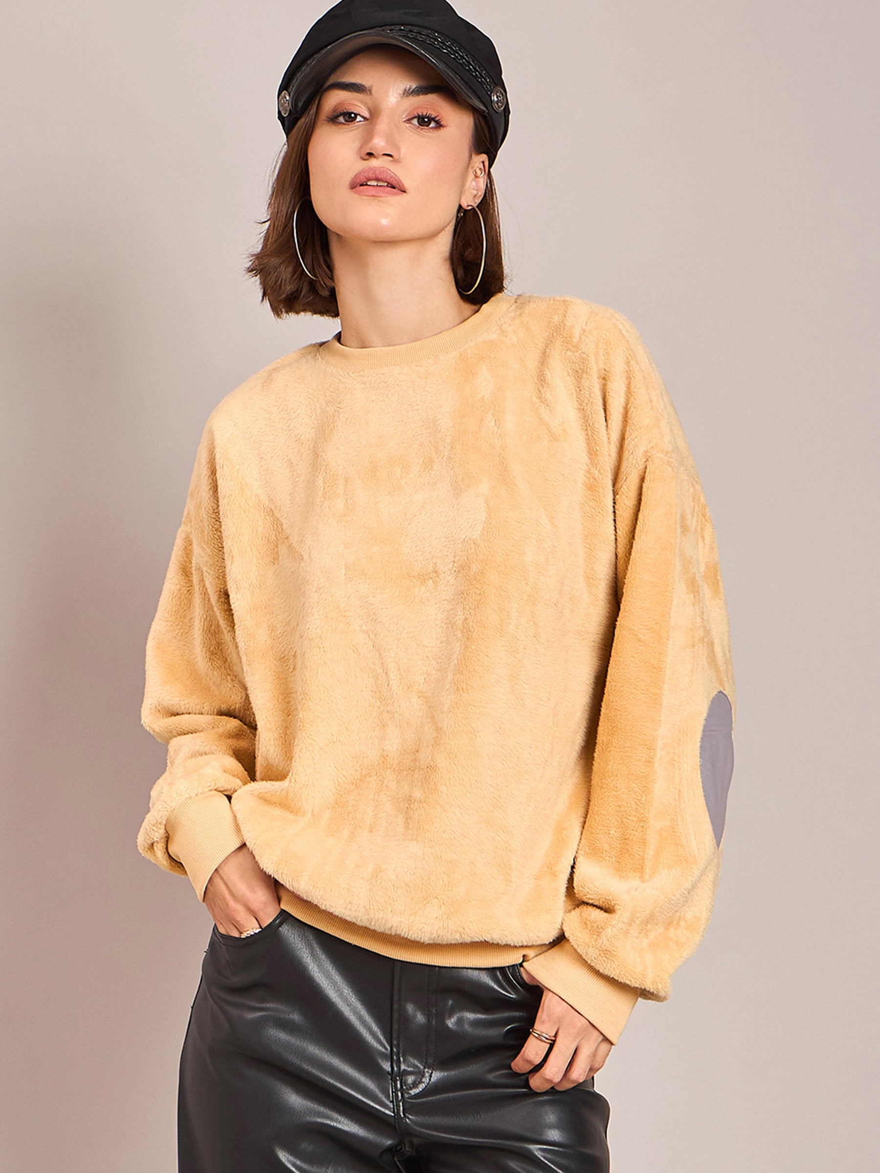 Fawn Elbow Patch Fur Round Neck Sweatshirt-SASSAFRAS