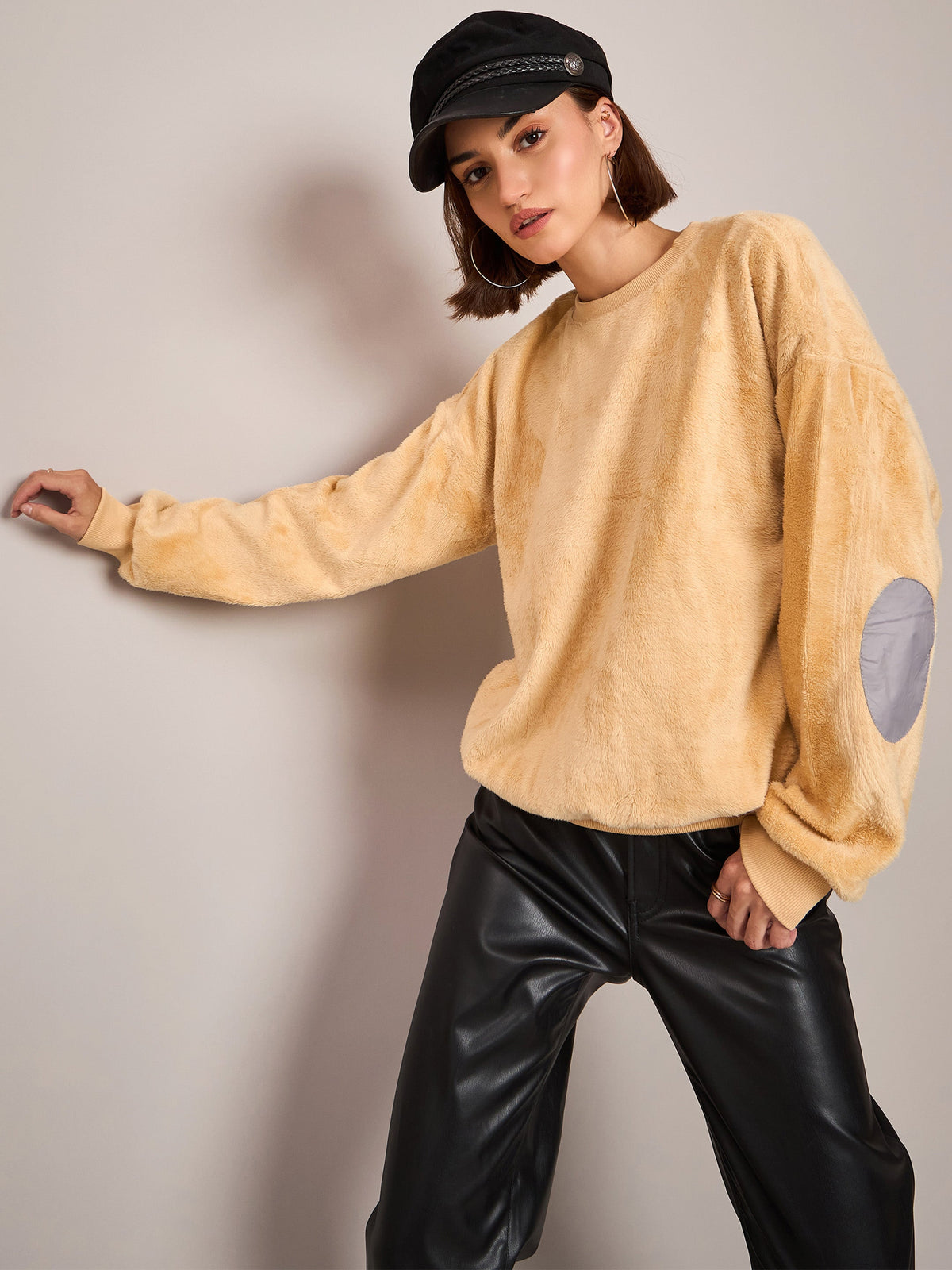 Fawn Elbow Patch Fur Round Neck Sweatshirt-SASSAFRAS