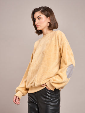 Fawn Elbow Patch Fur Round Neck Sweatshirt-SASSAFRAS