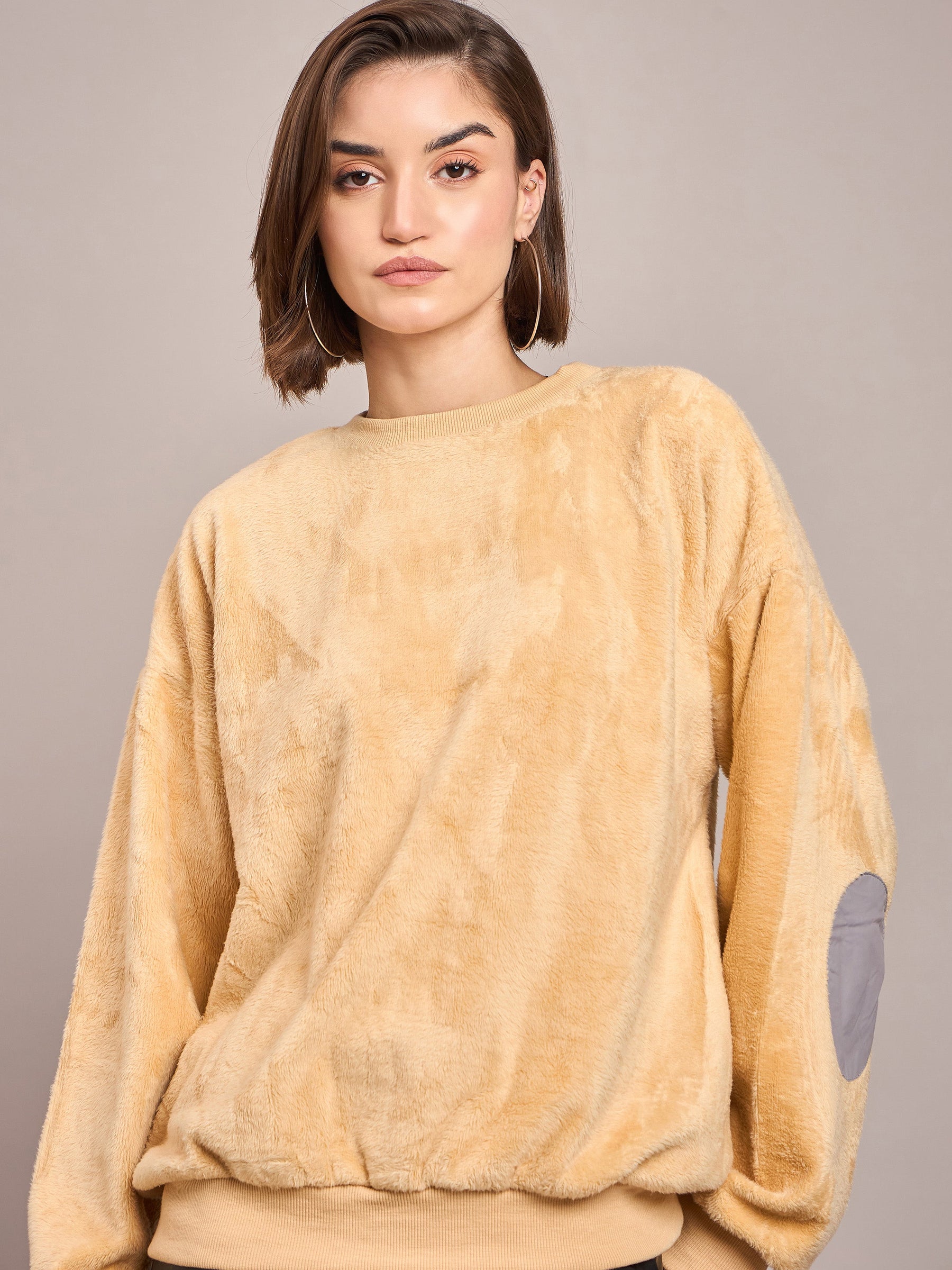 Fawn Elbow Patch Fur Round Neck Sweatshirt-SASSAFRAS