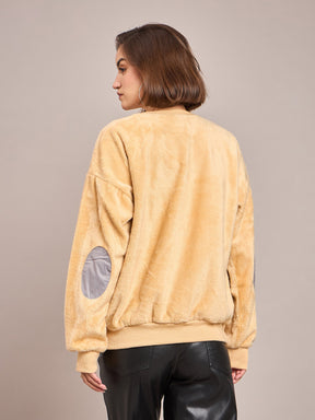 Fawn Elbow Patch Fur Round Neck Sweatshirt-SASSAFRAS