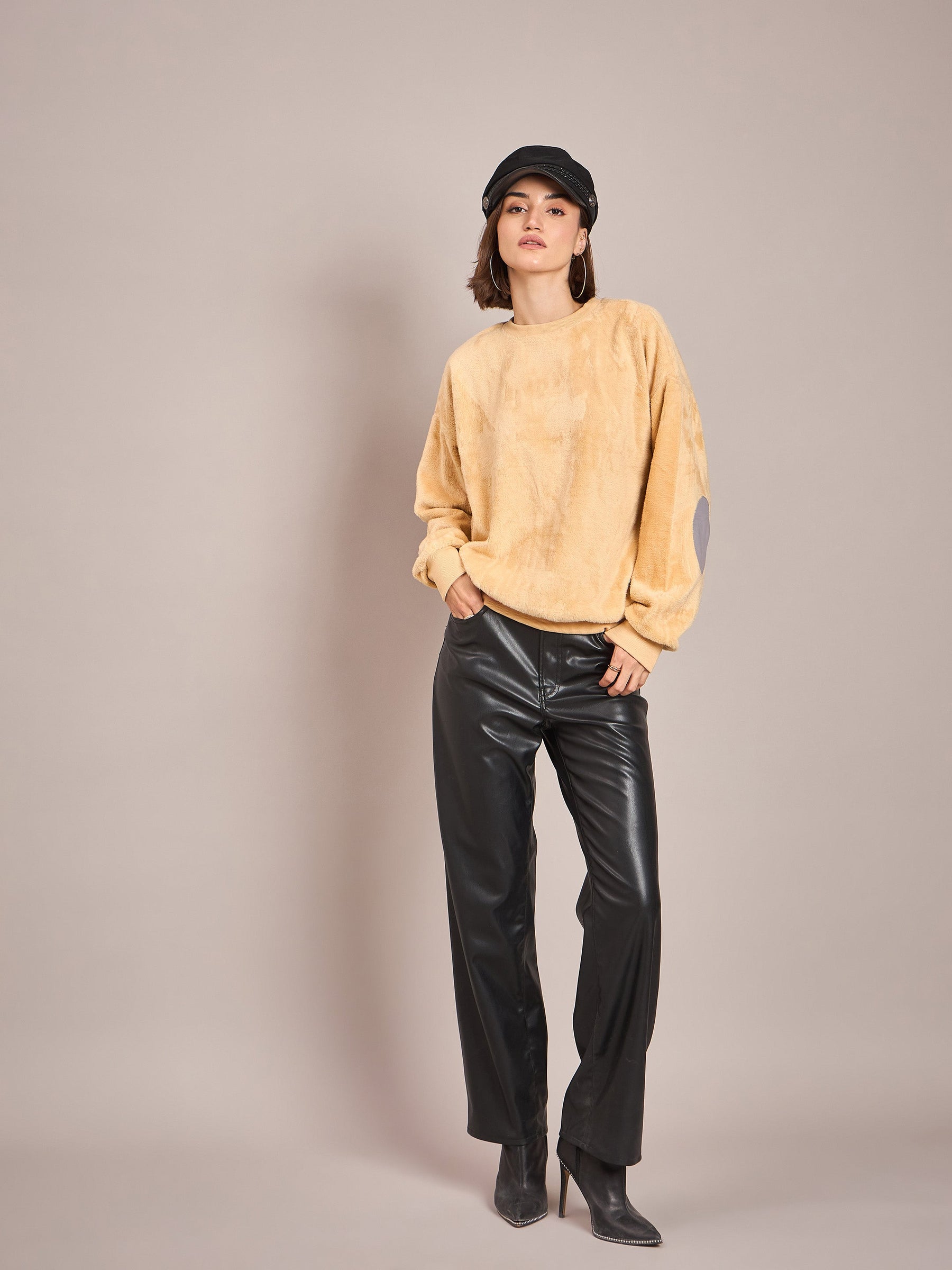 Fawn Elbow Patch Fur Round Neck Sweatshirt-SASSAFRAS